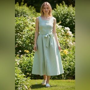 J. Crew Vintage Button Sleeveless 100% Cotton Green Striped Midi Dress Size 16